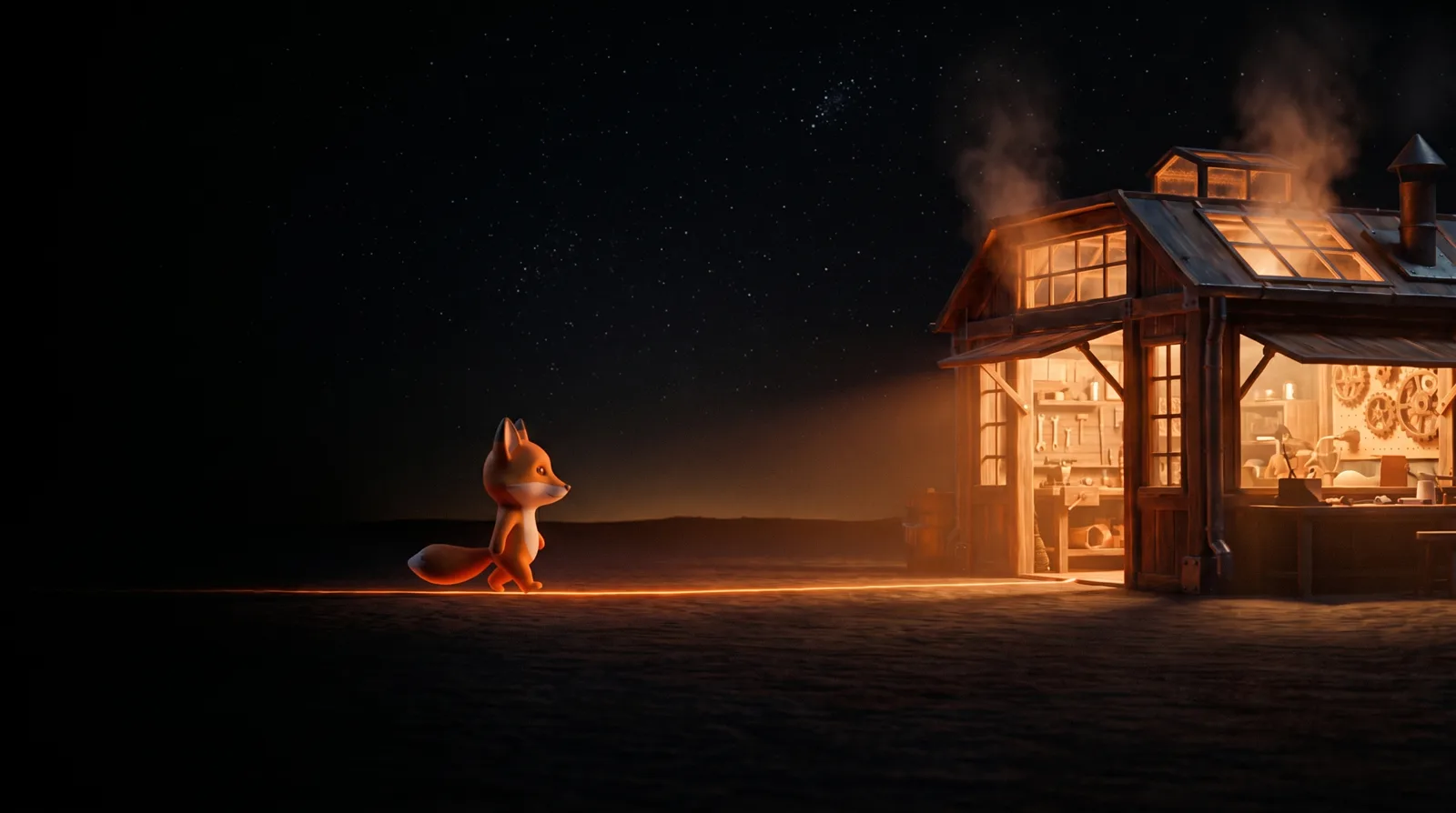 Fox walking toward a lit workshop — from zero to one